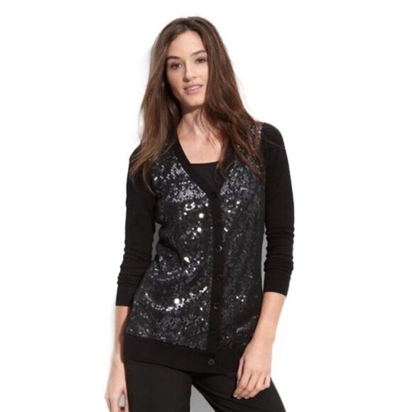 Tahari Sequin Front V-neck Viscose Blend Cardigan Sweater In Black Size M - Picture 1 of 10